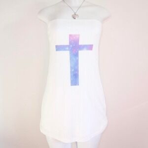 2010s galaxy cross strapless pointelle white ribbed bandeau size S